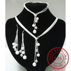 Sterling Silver Five-Wire Beads Necklace Bracelet Earring Set for Ladies