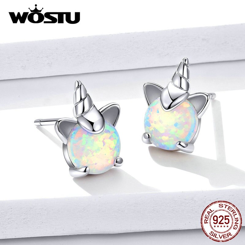 WOSTU 925 Sterling Silver Unicorn Opal Stud Earrings