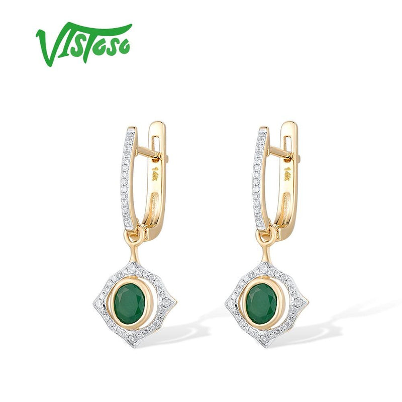 14K Yellow Gold Emerald Sparkling Diamond Earrings for Women