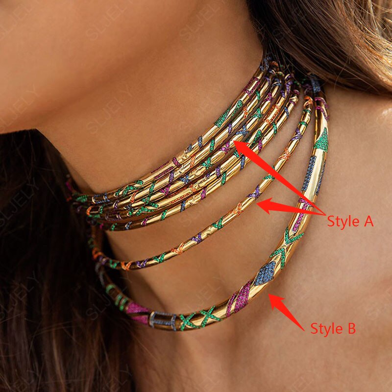 SLJELY Pure 925 Sterling Silver Luxury Yellow Gold Color Colorful Zircon Geometric Shaped Tribal Choker