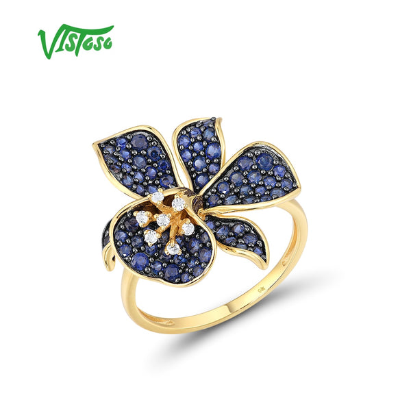 9K Yellow Gold Flower Ring with Lab Created Sapphire and White Topaz for Ladies