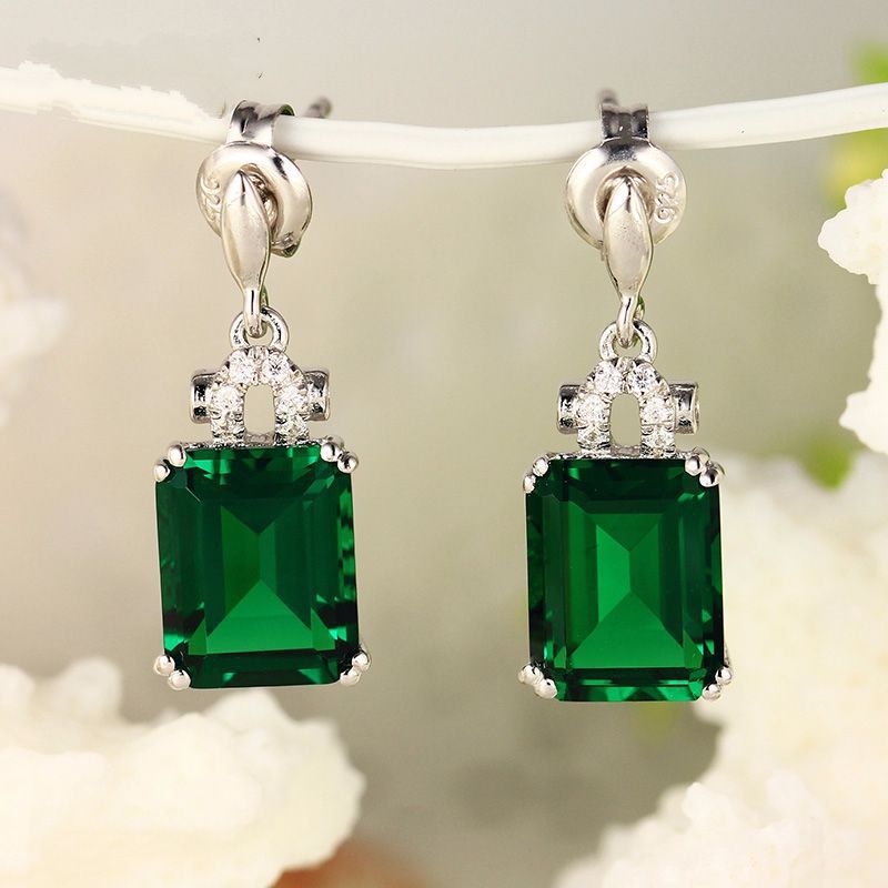 JoiasHome 925 Sterling Silver Vintage Square cut Green Emerald Gemstones Earrings