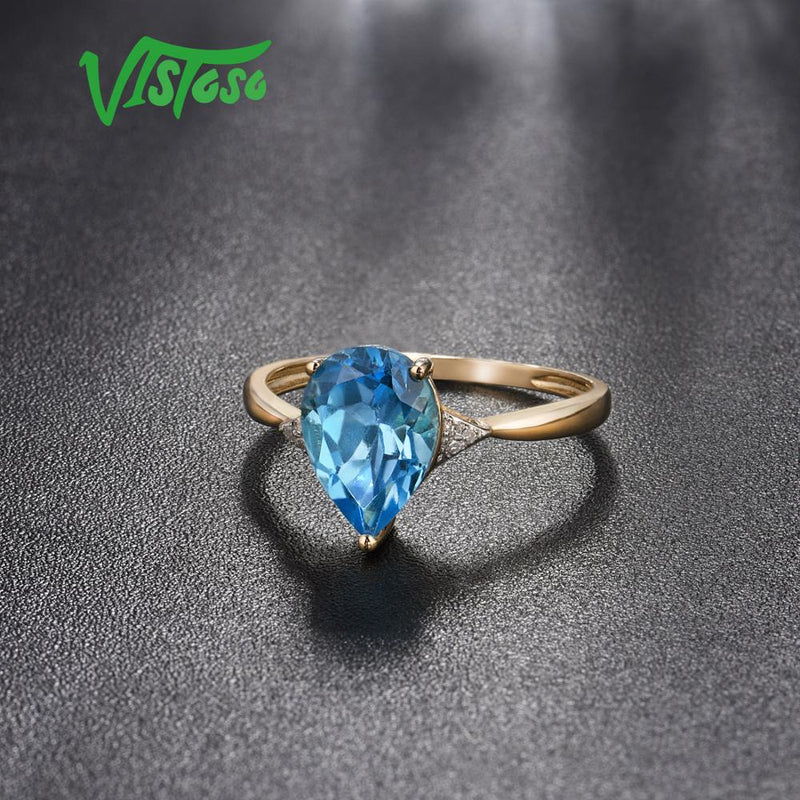 VISTOSO 14K 585 Yellow Gold Sparkling Diamond Limpid Blue Topaz Ring