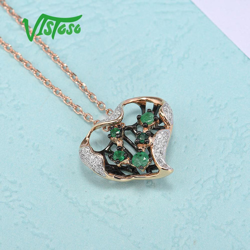 14K Rose Gold Natural Emerald and Diamond Hollow Heart Pendant for Women