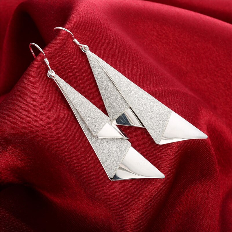 Sterling Silver Frosted Geometric Drop Earrings for Women