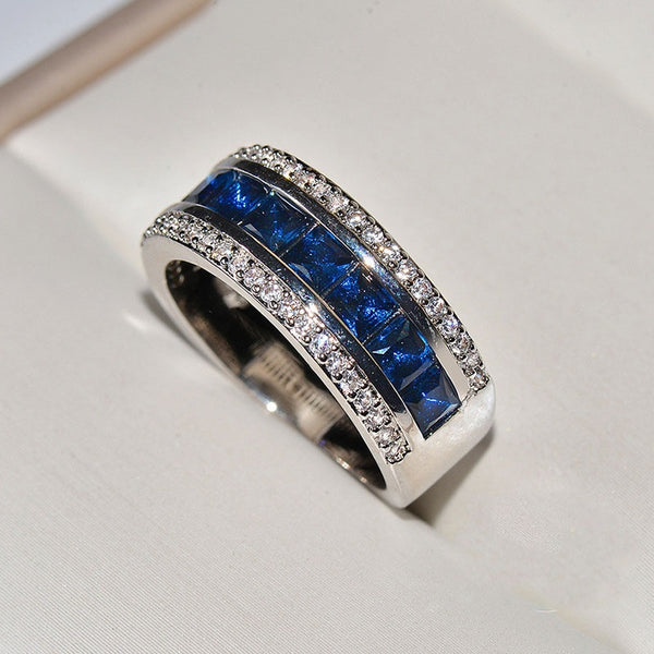Authentic 925 Sterling Silver Finger Rings with Round Blue Square Cubic Zirconia Crystal Wide Ring for Women Wedding Jewelry
