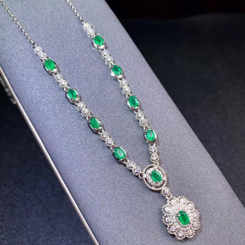 925 Sterling Silver Natural Green Emerald Pendant Necklace