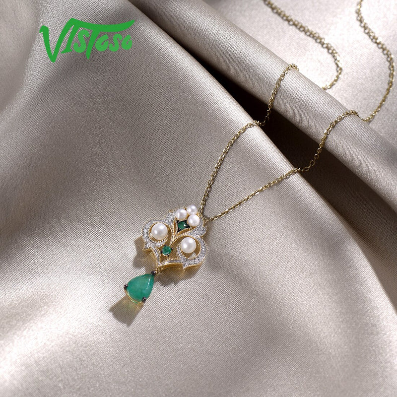 14K Yellow Gold Emerald and Diamond Pendant for Her