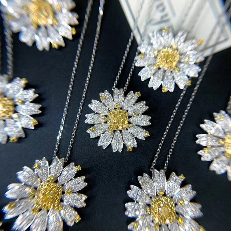 18K White Gold 1. [Real Yellow Diamond Flower Daisy Necklace] For Women