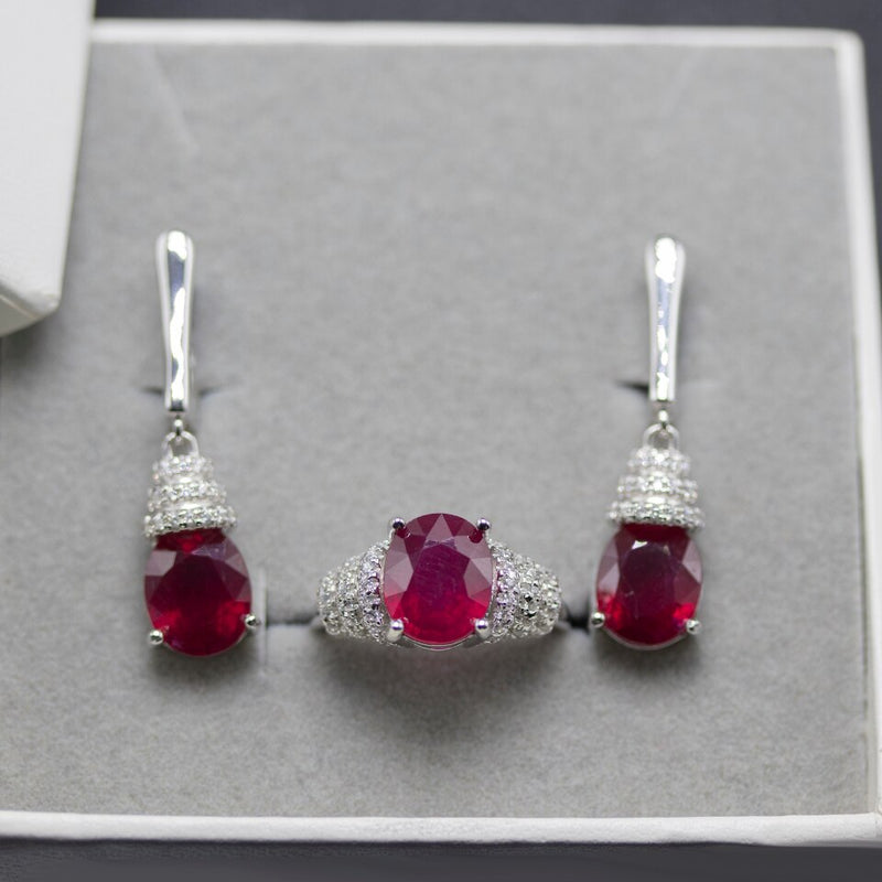 Anzogems Real 925 Sterling Silver African Red Ruby Earrings & Rng Jewelry Set