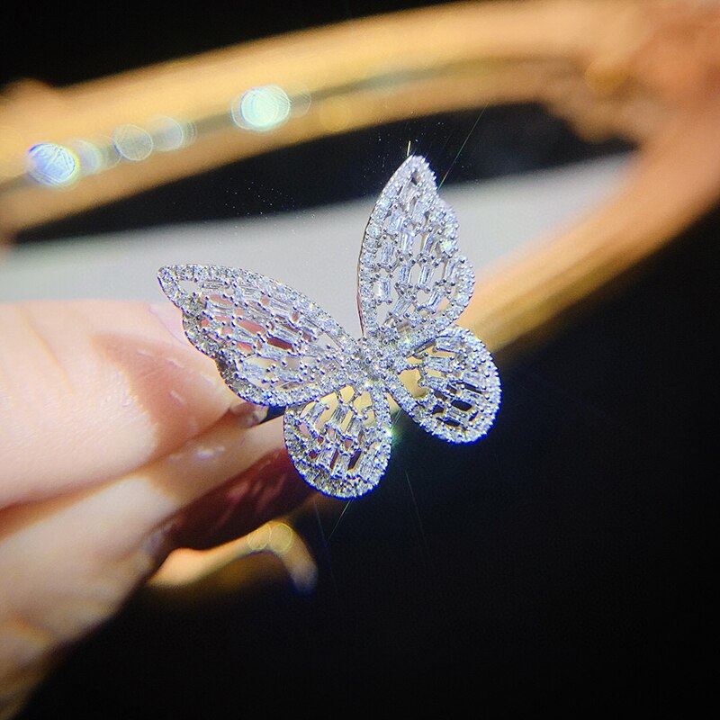 White Gold Sparkling Butterfly Diamond Ring for Women