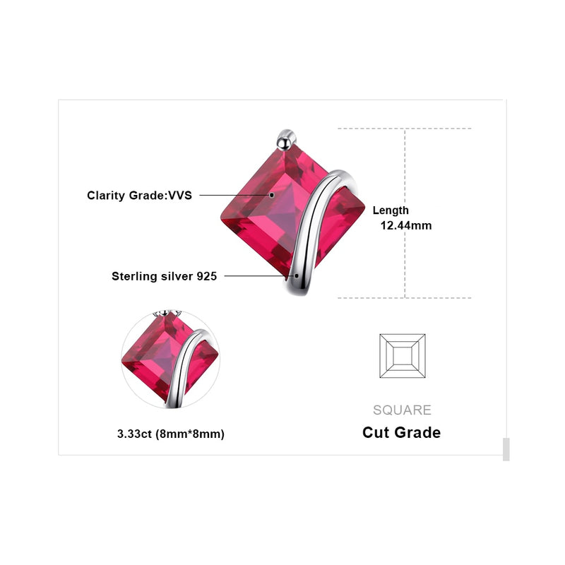 925 Sterling Silver Created Red Ruby Square Pendant Necklace Choker For Women