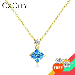 CZCITY Authentic 14k Au 585 Yellow Gold Sapphire Pendant & Necklace