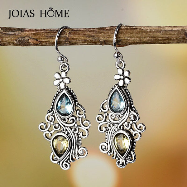 JoiasHome 925 sterling Silver Vintage Ethnic Blue Sea Topaz Flower Water Drop Pear Shaped Earrings