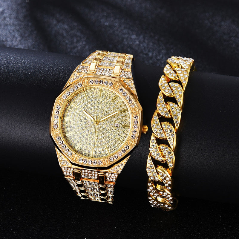 Gold Iced Out Rhinestone Cuban Chain Watch Bracelet Set for Men and Women