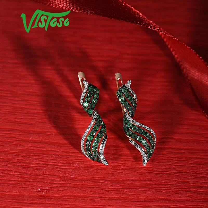 VISTOSO 14K 585 Rose Gold Glamorous Elegant Shiny Emerald Sparkling Diamond Earrings