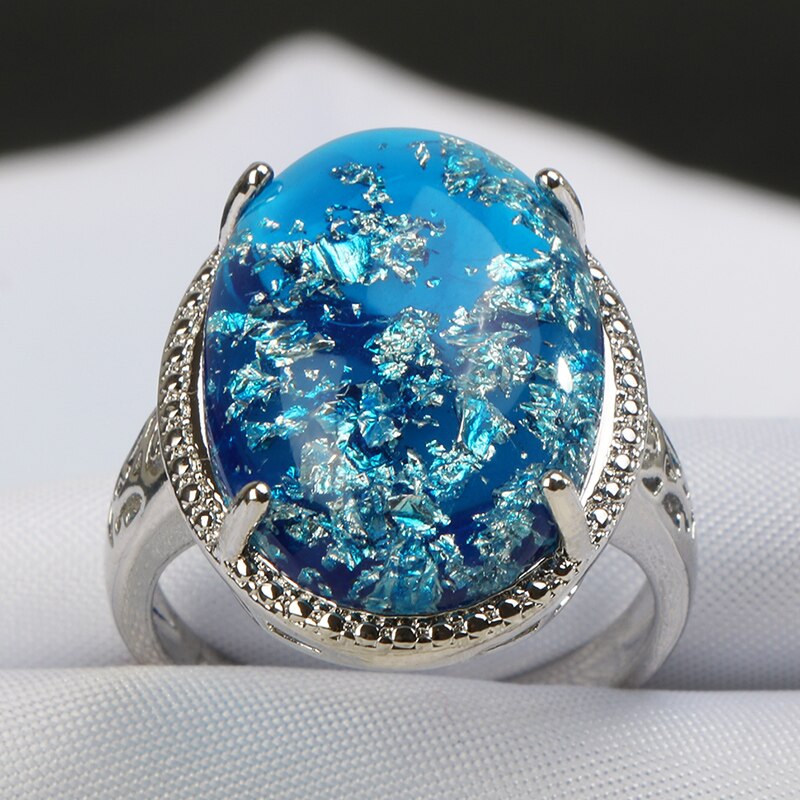 Bague Ringen 925 Sterling Silver Big Blue Opal Gemstone Ring