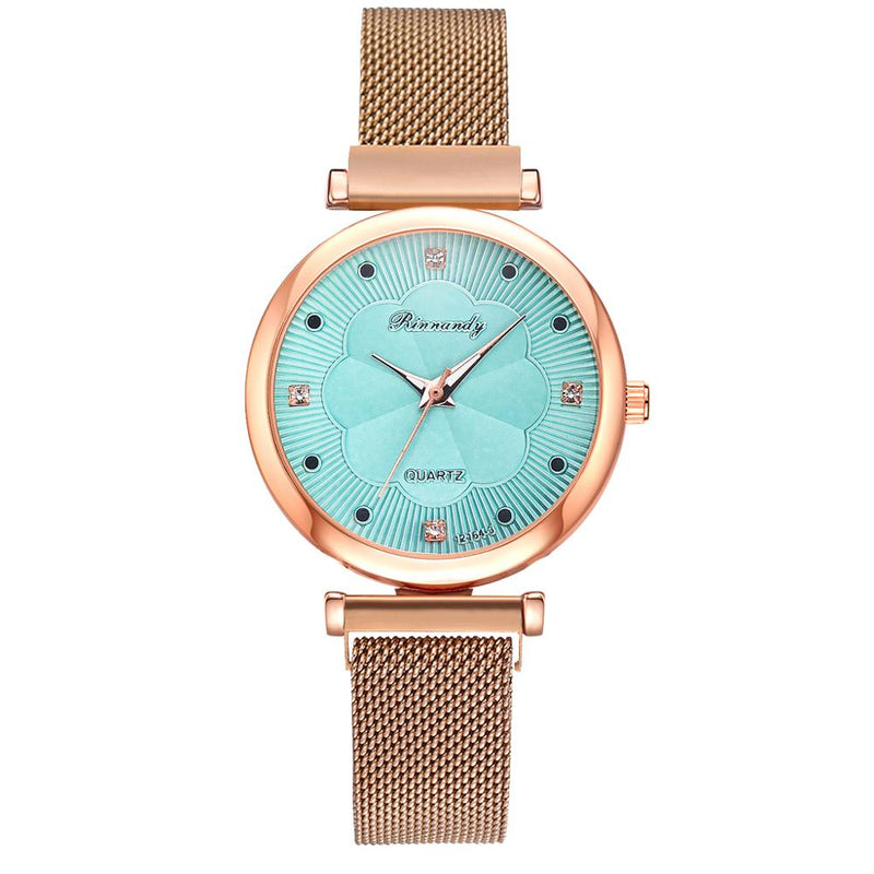 Stainless Steel Rhinestone Flower Watch Set for Women