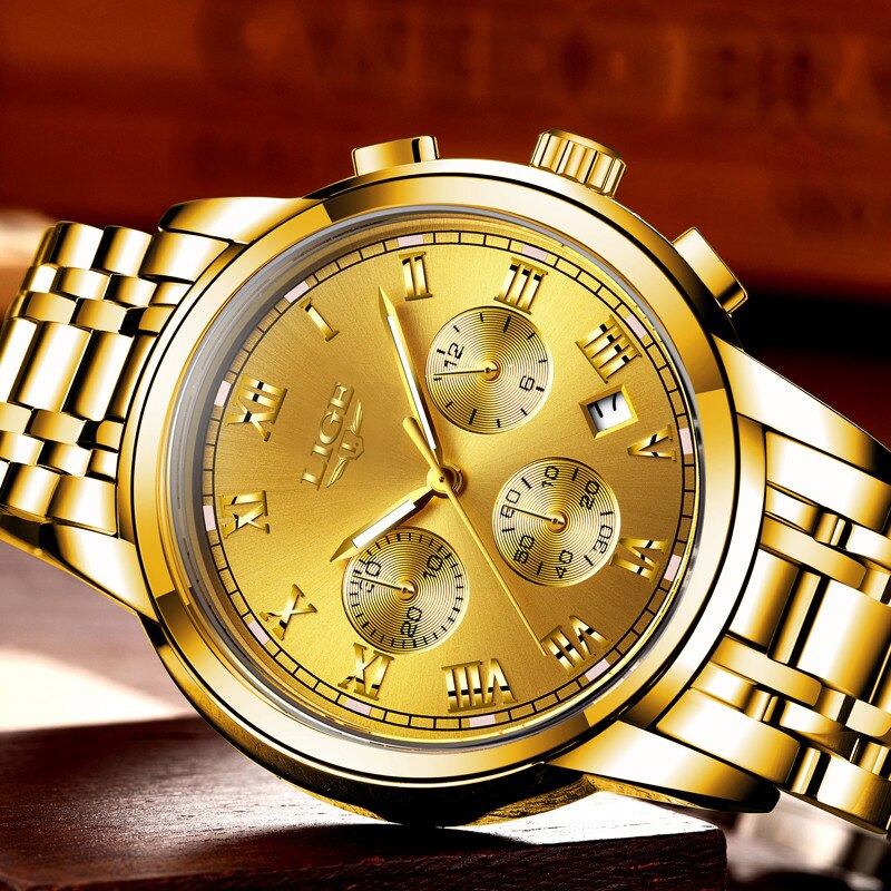 Reloj Hombre LIGE All Gold Watches Mens 2020 Luxury Fashion Quartz Wristwatch Analog Chronograph Men Watch Waterproof Clock+Box