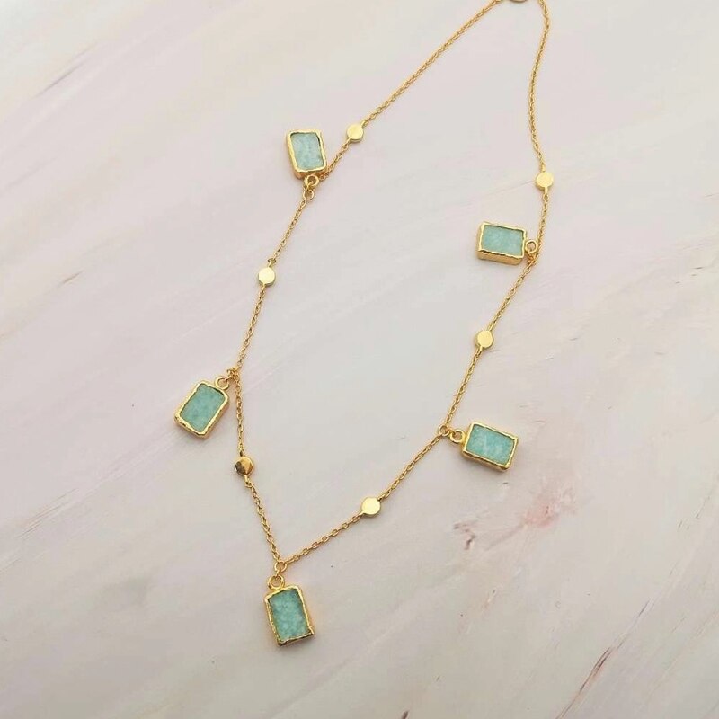 Solid 925 Sterling Silver Natural Square Amazonite Collar Necklace