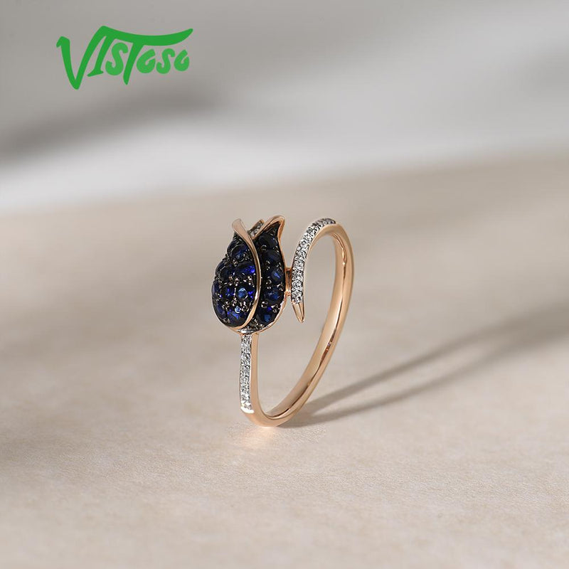VISTOSO Pure 14K 585 Rose Gold Blue Sapphire Diamond Ring