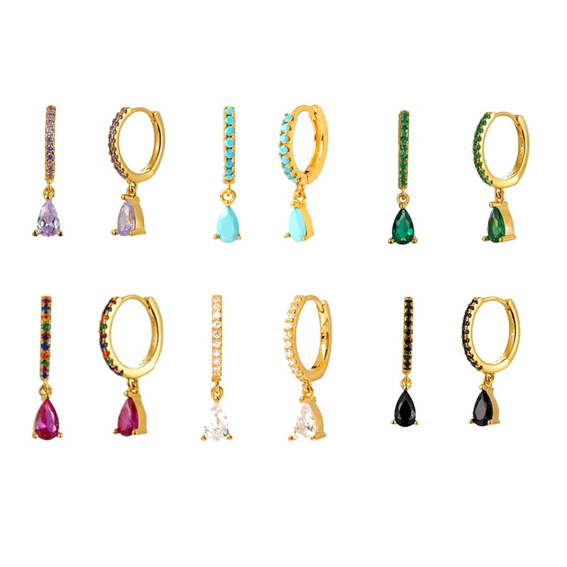 Trendy 925 Sterling Silver Water Drop Rainbow Crystal Hoop Earrings