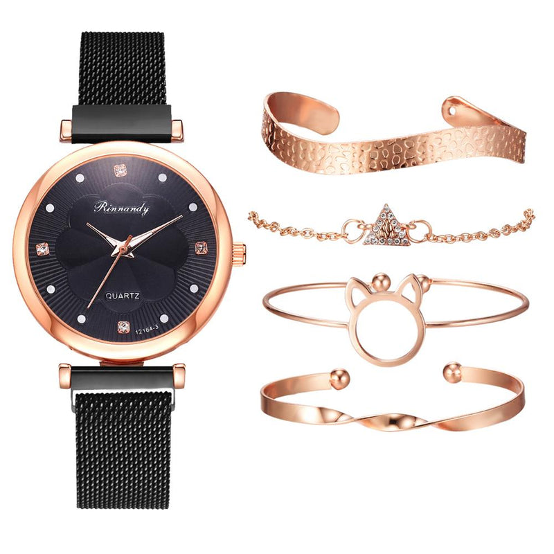 Stainless Steel Rhinestone Flower Watch Set for Women