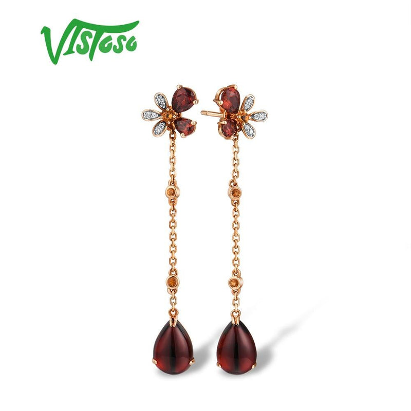 VISTOSO Pure 14K 585 Rose Gold Sparkling Diamond Citrine Garnet Unique Earrings