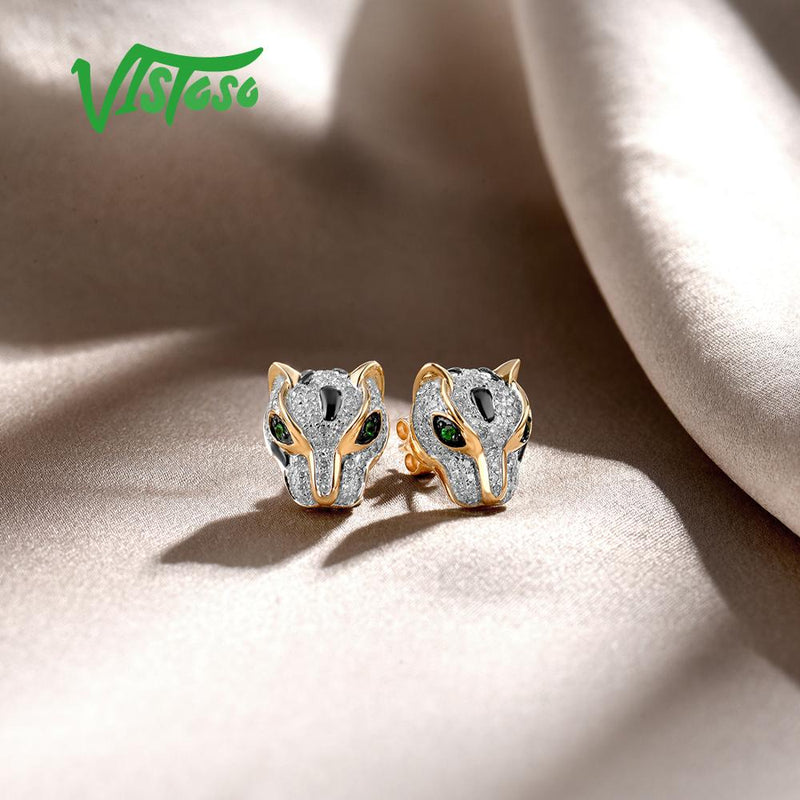 14K Yellow Gold Leopard Earrings with Green Garnet and Diamonds for Women