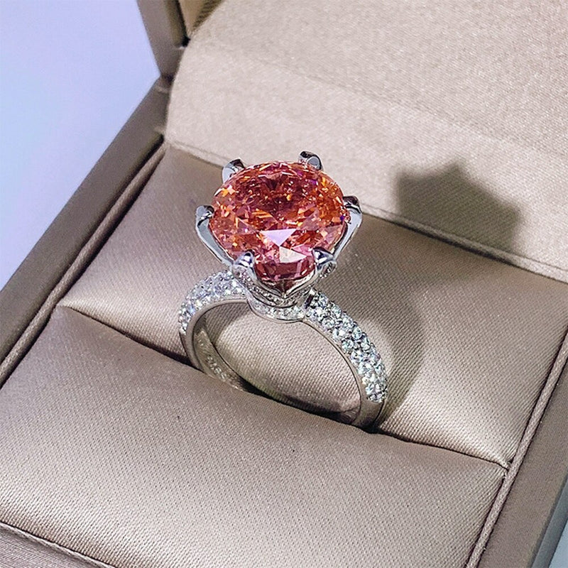 Wong Rain 925 Sterling Silver 12 MM Created Padparadscha Moissanite Gemstone Anniversary Elegant Ring For Women Fine Jewelry