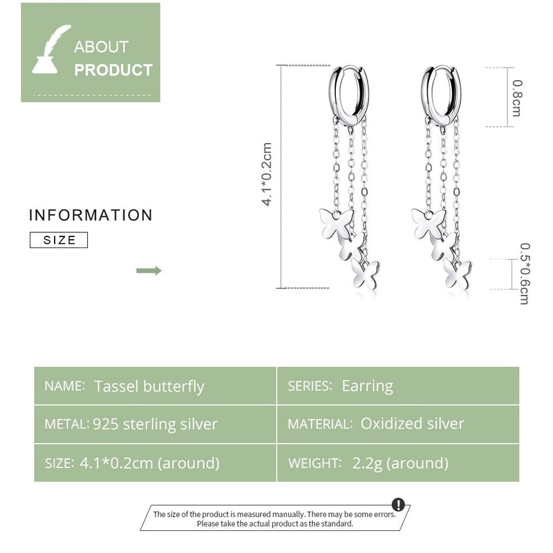 Sterling Silver Tassel Butterfly Drop Earrings for Women