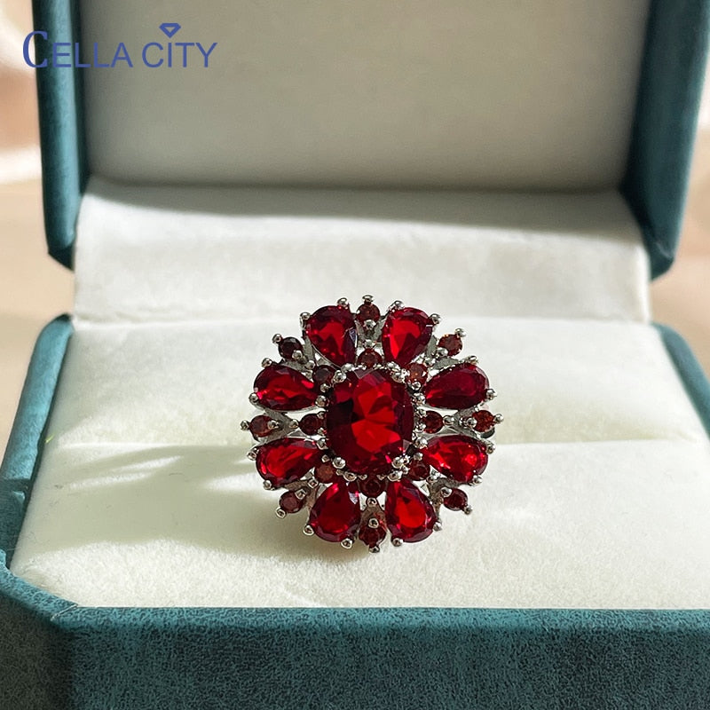 Cella City Silver 925 Jewelry Ring For Charm Women With Flower Shape Ruby Gemstones Women Party Wholesale Gift Size 6-10