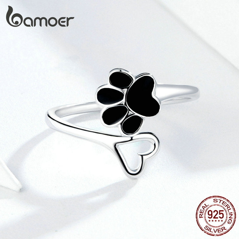 Sterling Silver Black Enamel Dog Paw Heart Adjustable Finger Ring for Women