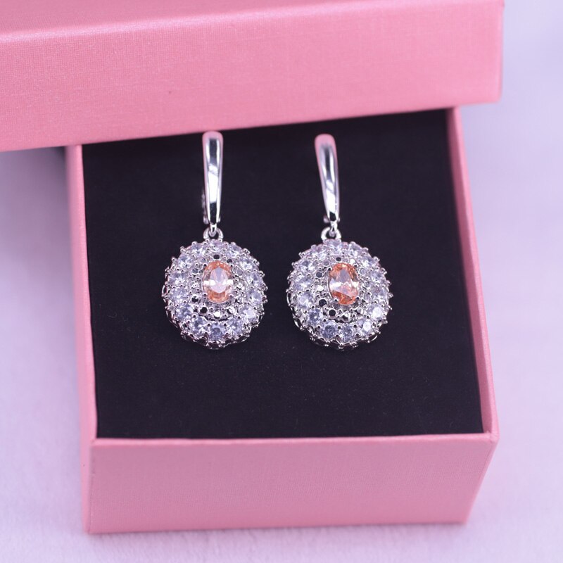 Sterling Silver Champagne Zircon & Crystal Bridal Jewelry Set For Women