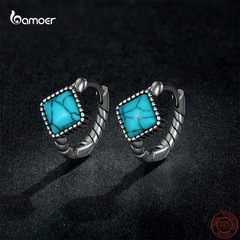 Bamoer Genuine 925 Sterling Silver Process Crack Square Turquoise Ear Buckles Earrings for Women Fashion S925 Piercing Jewelry