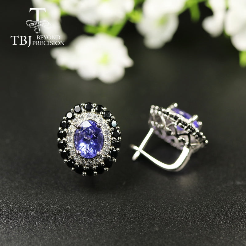 TBJ 925 sterling silver Natural 4ct Blue Tanzanite oval 7*9mm Clasp Earrings