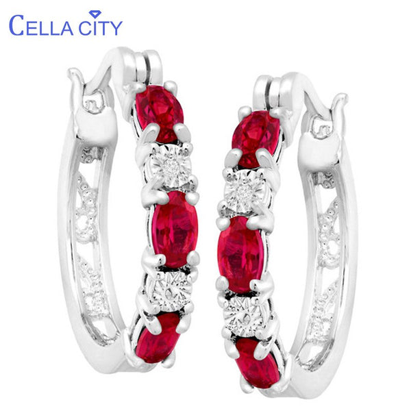 Cellacity Delicate 925 Sterling Silver Oval shaped Ruby Round Earrings