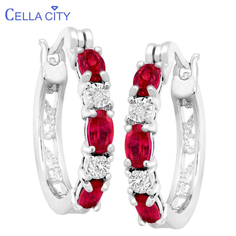 Cellacity Delicate 925 Sterling Silver Oval shaped Ruby Round Earrings