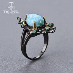 925 Sterling Silver Natural Agate Larimar Retro Design Earrings & Ring Jewelry Set