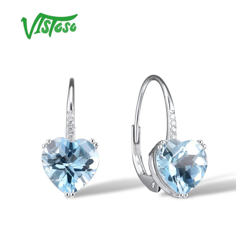 VISTOSO 14K 585 White Gold Sparkling Diamond Blue Topaz Earrings