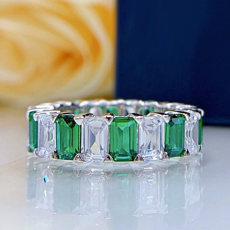 925 Sterling Silver Ruby Emerald Diamond Eternity Band Ring for Women