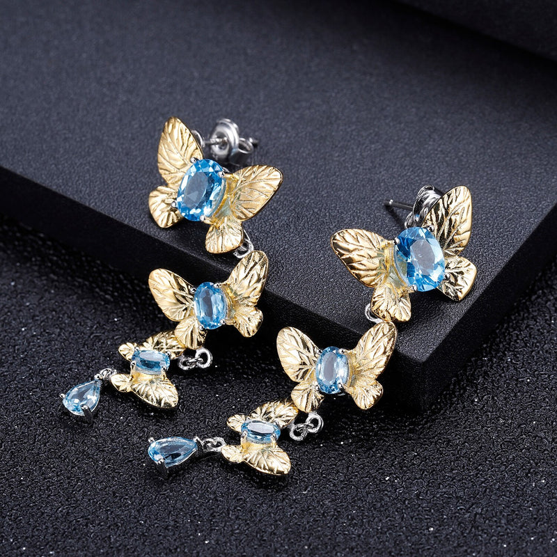 GEMS BALLET 925 Sterling Silver Natural Blue Topaz Butterfly Floral Ring Earrings & Pendant Jewelry Set
