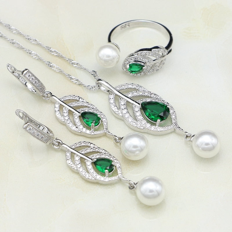 Silver Natural Green Cubic Zirconia White Pearl Jewelry Set for Women