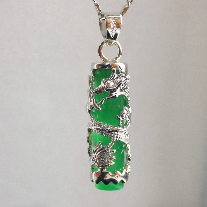 Natural Green Jade Dragon Pillar Hand-Carved Lucky Amulet Pendant Necklace