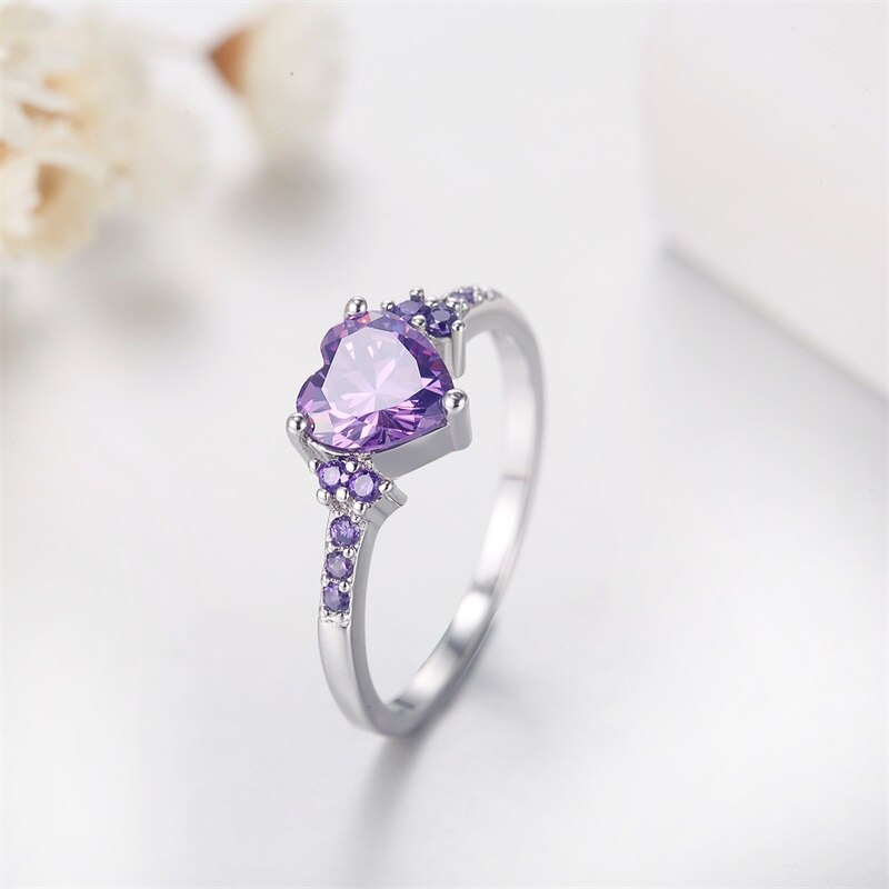 Cute 925 Sterling Silver Purple Amethyst Heart Designed Ring
