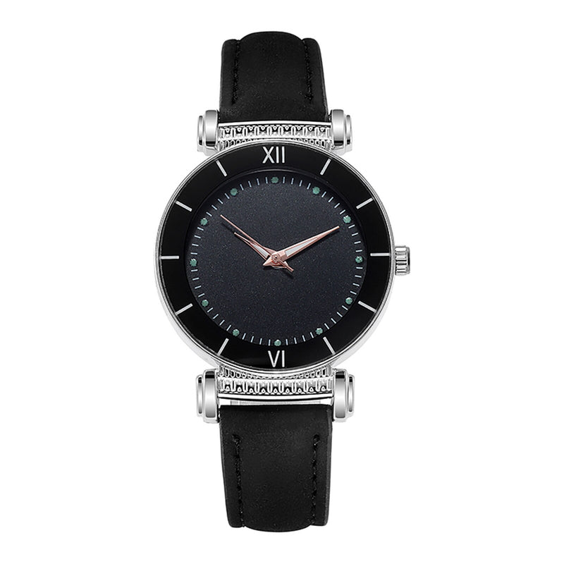 Stainless steel quartz watch with leather strap for women.