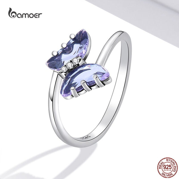 925 Sterling Silver Purple Flying Butterfly Ring for Women