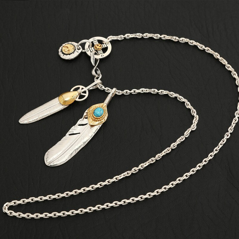 925 Sterling Silver Takahashi Goro Feather Retro Long Chain Blue Turquoise Pendant Necklace
