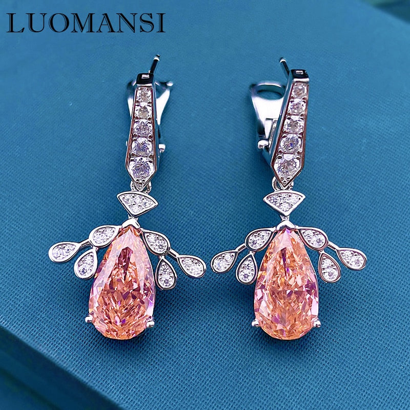 Luomansi  Water Drop High Carbon Diamond Bee Earrings Woman S925 Jewelry Wedding Birthday Party Gift