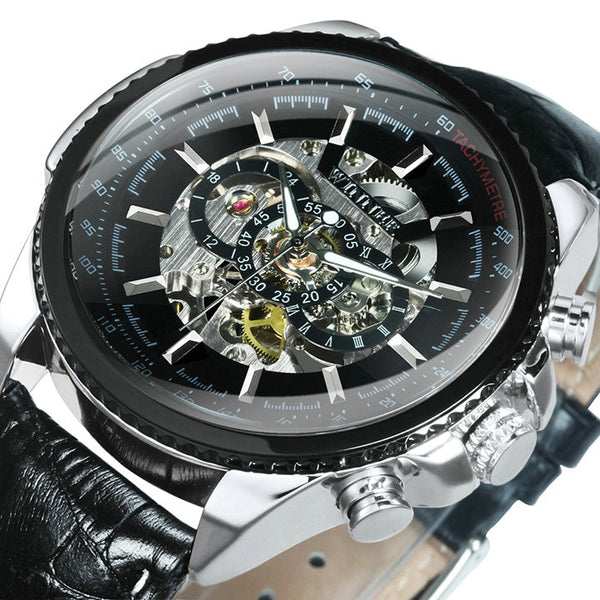 Silver-tone Stainless Steel Skeleton Automatic Watch for Men